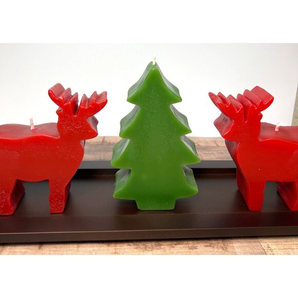 Reindeer & Tree Paraffin Wax Candle Set Of 3 With Wood Tray - Picture 2 of 7